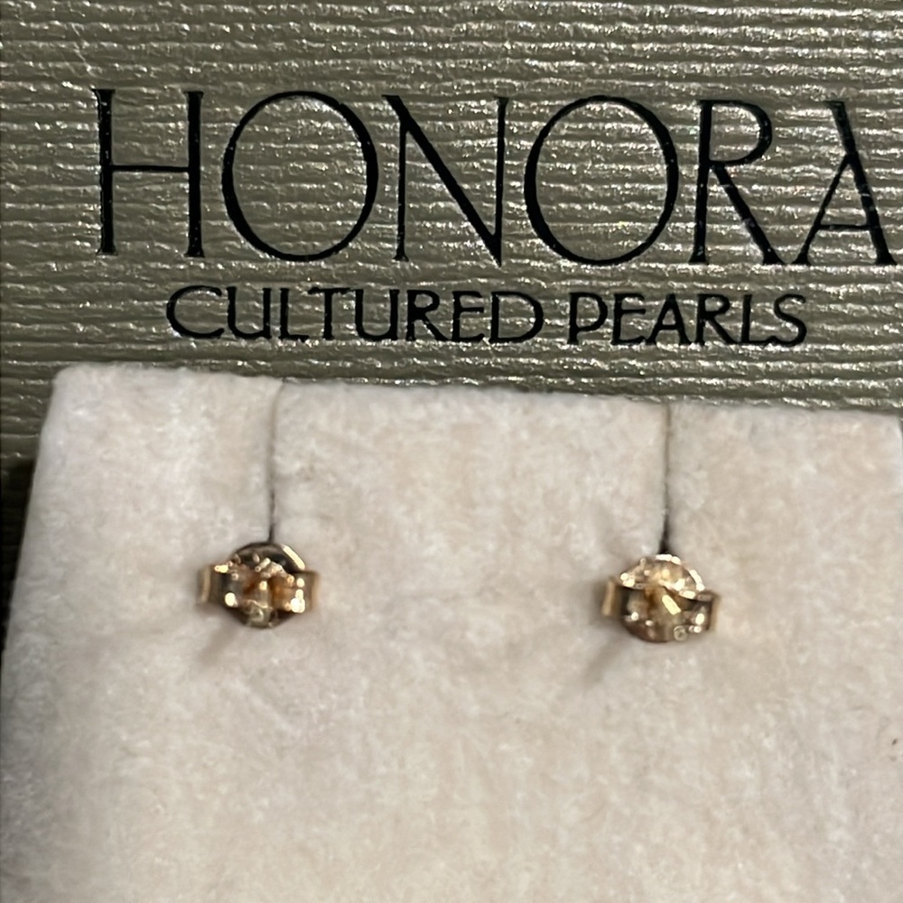 14K Yellow Gold Honora Freshwater Pearl Metallic Black Earrings NWOT - Picture 3 of 4